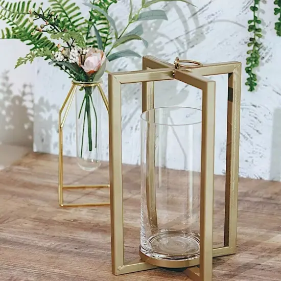 GOLD 11" Geometric Metal Cross Bar Lantern with Glass CANDLE HOLDER Party Event {4}