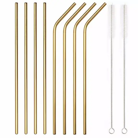 8-Piece 10.5" Stainless Steel Cocktail Straw Set with 2 Cleaning Brushes Gold {1}