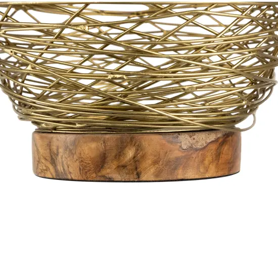 Northlight Medium Woven Iron Votive Candle Holder with Wooden Base - 8.5" - Brass Finish Gold {6}