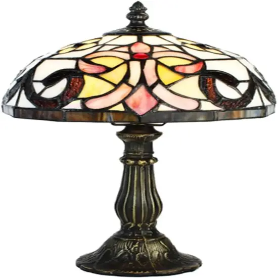 Pink/Amber Fleur-de-lis Tiffany Stained Glass Shade & Lamp Base - Perfect for a Living Room, Bedroom, Office, & More {2}