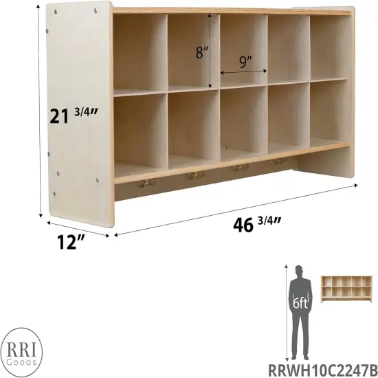 Cubby Storage Organizer Cubes, 10 Cubbies with Coat Hooks, Hanging Wall Cubby Shelf for Kids Toys, Daycare, Classroom, 47-Inch Width Yellow {7}