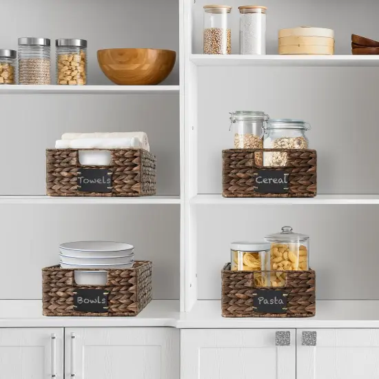 Casafield Water Hyacinth Pantry Baskets with Chalkboard Labels and Chalk Marker, Woven Storage Bin Organizers for Kitchen Shelves {2}