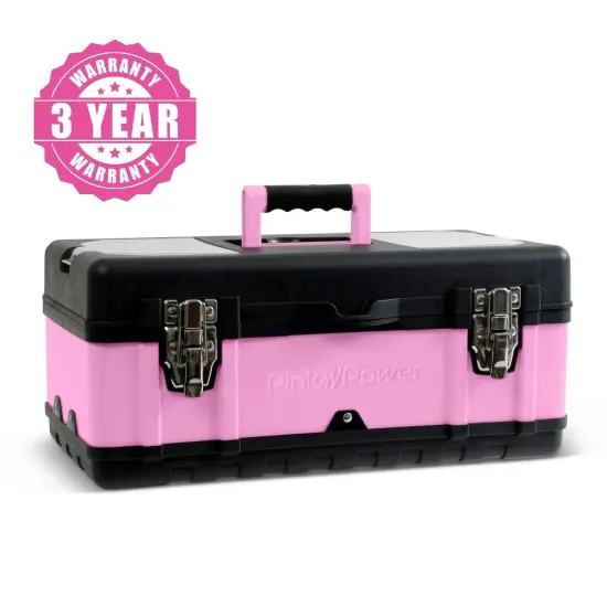 Pink Power Pink Tool Box for Women - 18" Small Metal & Plastic Portable Lightweight Pink Locking Empty Toolbox Chest - Craft Tote Storage Tool Case Organizer for Ladies Pink Tool Set Kit {6}