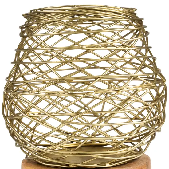 Northlight Small Woven Iron Votive Candle Holder with Wooden Base - 6.25" - Brass Finish Gold {7}