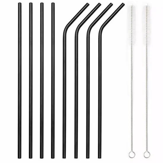 8-Piece 10.5" Stainless Steel Cocktail Straw Set with 2 Cleaning Brushes Black {1}