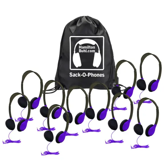 Sack-O-Phones, 10 Personal Headphones in a Carry Bag, Purple {1}