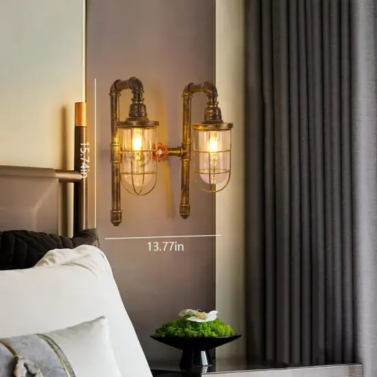 Vintage Wall Light Industrial Water Pipe Wall Lamp Glass Lampshade Wall Sconce {3}