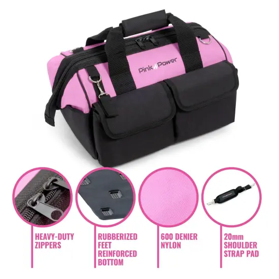 Pink Power Pink Tool Bag for Women -16" Tool Tote Bag w/ 22 Storage Pockets - Womens Small Tool Bag Ladies Tool Box for Hand Tools, Power Tool Kits & More - Womens Zipper Toolbag Tool Caddy Organizer {4}