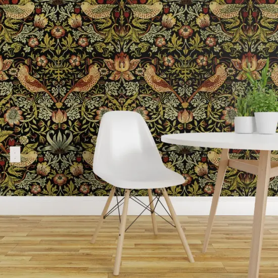 Pre-Pasted Wallpaper 2FT Wide William Morris Traditional Victorian Woven Look English Garden Arts And Craft Black Green Custom Pre-pasted Wallpaper by Spoonflower {6}