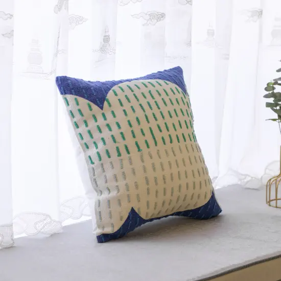 16" Handwoven Cotton Throw Pillow Cover with Ribbed Line Dots and Wave Border Blue with Cushion {2}