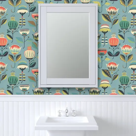 Pre-Pasted Wallpaper 2FT Wide Mod Floral Folk Art Retro Botanical Scandinavian Garden Custom Pre-pasted Wallpaper by Spoonflower {6}