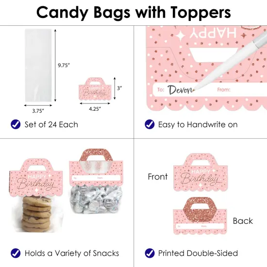 Big Dot of Happiness Pink Rose Gold Birthday DIY Happy Birthday Party Clear Goodie Favor Bag Labels Candy Bags with Toppers Set of 24 {4}