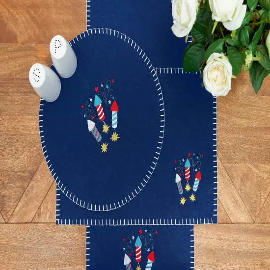 Patriotic 4th of July Solid Blue Sparkler Embroidered Fireworks Design Felt Table Runner 12" x 47.25" {4}
