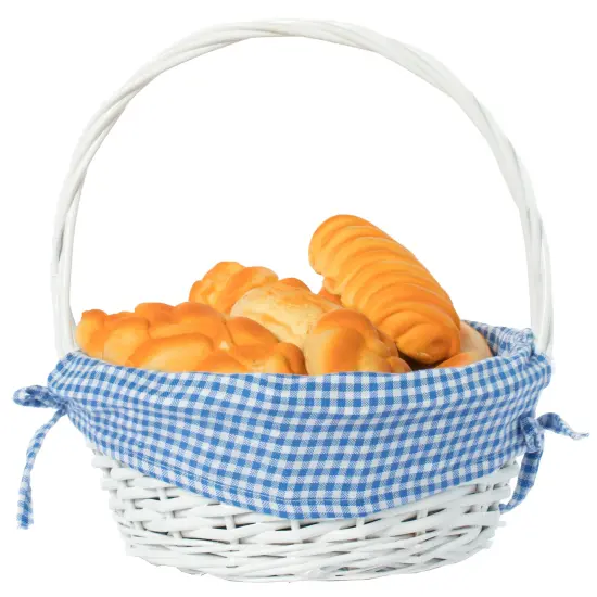 White Round Willow Gift Basket, with Gingham Liner and Handle Blue {4}