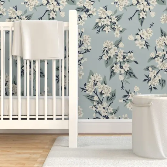 Pre-Pasted Wallpaper 2FT Wide Vintage Blue Flowers Dusty Pretty Traditional Delicate Pastel Farmhouse Transitional Lemon Custom Pre-pasted Wallpaper by Spoonflower {7}