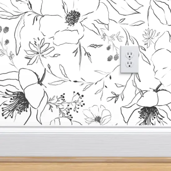 Peel & Stick Wallpaper 2FT Wide Black And White Flower Drawing Blossoms Leaves Floral Nature Botanical Monochrome Custom Removable Wallpaper by Spoonflower {4}