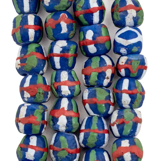 The Bead Chest Blue French Cross Krobo Beads 11mm Ghana African Round Glass Large Hole 28 Inch Strand Handmade {4}