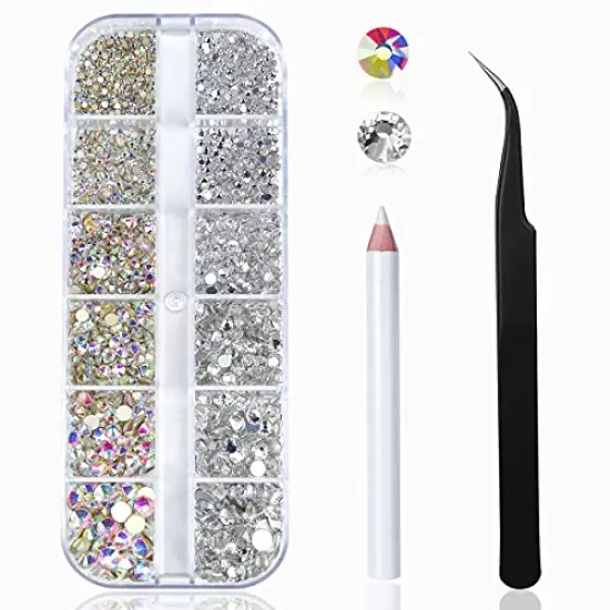 2400 Pieces Nail Art Rhinestones Kit Nail Gems Ab Flatback Rhinestones Gems Stones, with Storage Organizer Box/Wax Pencil/Tweezers 6 Sizes (1.5-4.5 mm) for Nail Art Craft (2400pcs) {2}