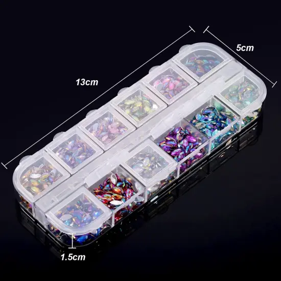 1200 Pieces 12 Colors Shiny Nail Rhinestones Horse Eye Rhinestones Flat Back Nail Gems Decorations Supplies with Box {1}