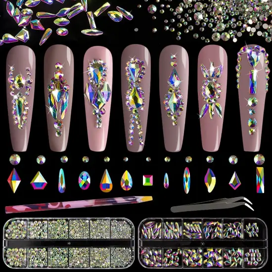 1720 Pieces Multi Shapes 3D Glass AB Crystal Nail Art Rhinestones Kit with Flatback Round Bead Charm Gem Stone Jewelry Diamond with Pickup Pen + Tweezer for Manicure Craft Decoration by BELLEBOOST (Iridescent) {2}