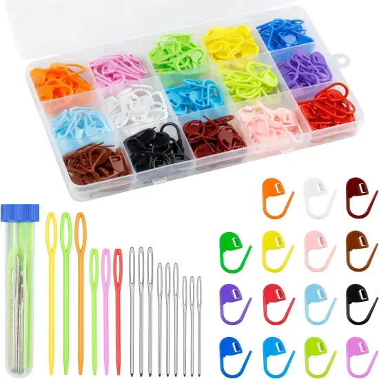 220/900 Pieces Stitch Markers,With 15 Pcs Large Eye Blunt Sewing Needles,Colorful Crochet Stitch Markers for Knitting Stitch Locking Clips Crochet Pins with Storage Box {1}