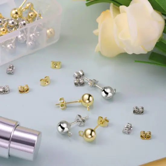 180 PCS Ball Post Earring Stud with 200 Pieces Butterfly Ear Back Earrings with Loop for DIY Jewelry Making Findings, 4 mm 5 mm 6 mm (Silver, Gold) {1}