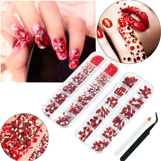 2680 Pieces 3D Red Nail Rhinestones, 120 Pieces Big Red Glass Crystal Nail Gems Stones Charms Stones with Bling Diamond Flatback Round Beads, Clear Charm Jewelry for DIY Face Craft Decoration {4}
