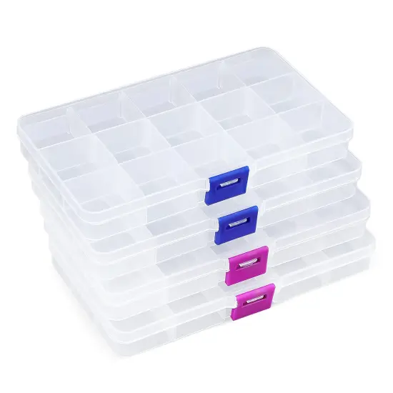 4 Pck Jewelry Organizer, SMALL Transparent Plastic Bead Organizers(15 grids) with Movable Dividers Earring Storage Containers Bead Holders, Size 6.9&times;3.9&times;0.9in {2}