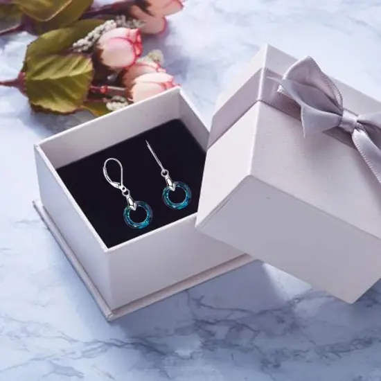 925 Sterling Silver Circle Earrings Austrian Crystal Leverback Earrings Jewelry Dangle Drop Earrings for Women (Bermuda Blue Crystal Earrings) {5}