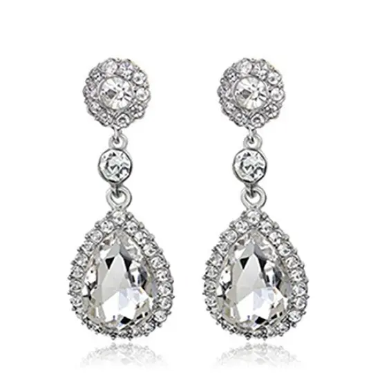 Austrian Cut Crystal Rhinestone Pierced Wedding Bridal Teardrop Drop Dangle Earrings (pierced-white) {2}