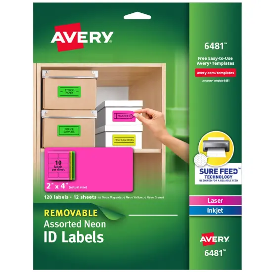 Avery Removable Multipurpose Labels, Sure Feed Technology, Assorted Neon, 2 x 4, 120 Labels (6481) {1}