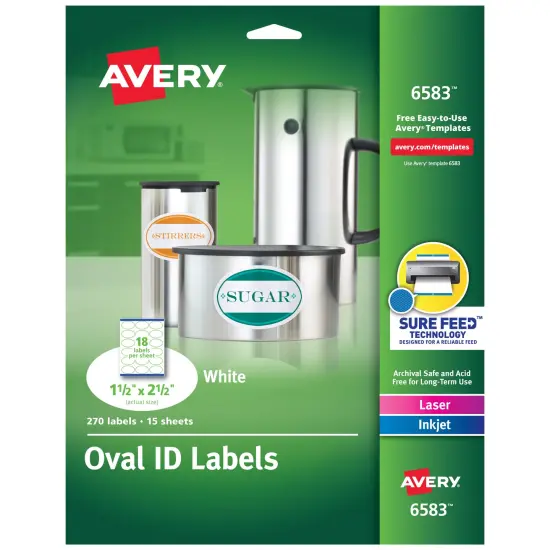 Avery Easy Peel Oval ID Labels, Sure Feed Technology, Print to the Edge, Permanent Adhesive, 1-1/2" x 2-1/2", 270 Labels (6583) {1}