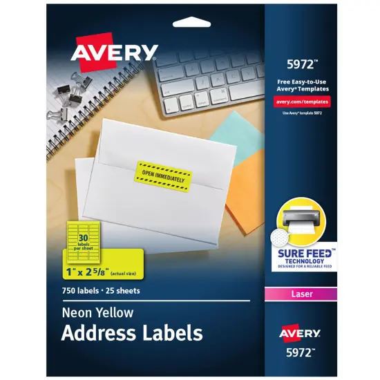 Avery Neon Address Labels with Sure Feed for Laser Printers, 1" x 2 5/8", 750 Yellow Labels (5972) {1}