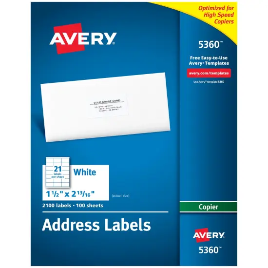 Avery Address Labels for Copiers, 1" x 2-13/16", 2,100 White Labels (5360) {1}