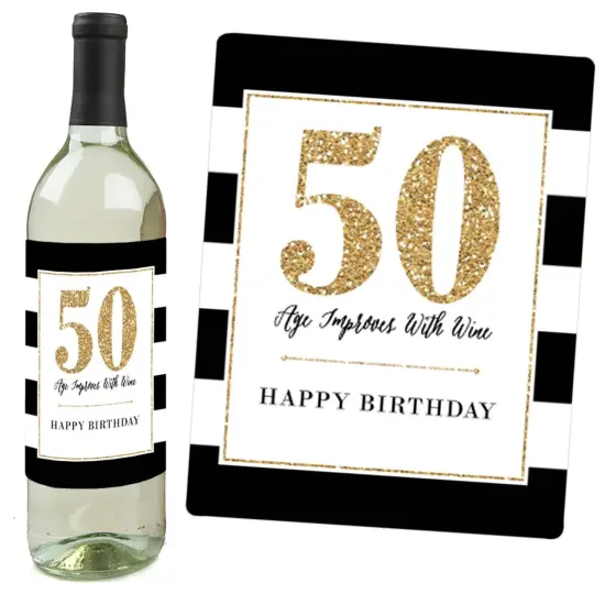 Big Dot of Happiness Chic 50th Birthday - Pink, Black and Gold - Birthday Gift For Women - Wine Bottle Label Stickers - Set of 4 {6}