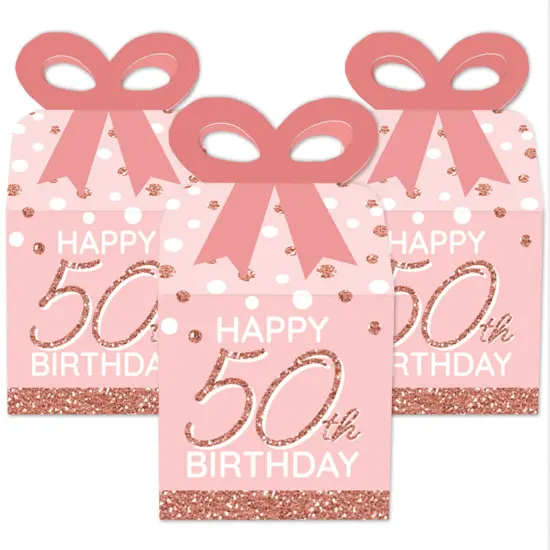 Big Dot of Happiness 50th Pink Rose Gold Birthday - Square Favor Gift Boxes - Happy Birthday Party Bow Boxes - Set of 12 {3}
