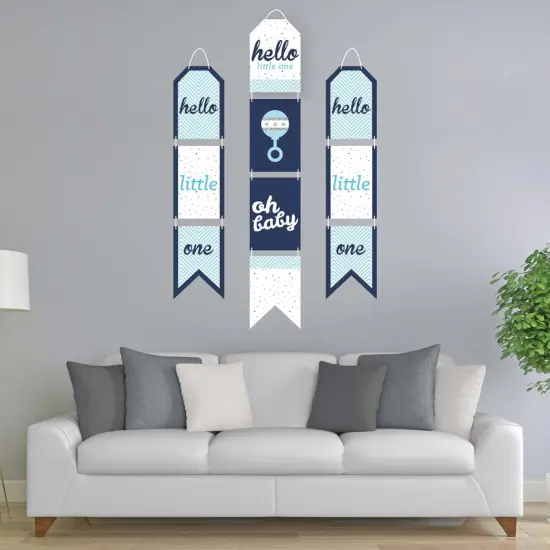 Big Dot of Happiness Hello Little One - Blue and Silver - Hanging Vertical Paper Door Banners - Boy Baby Shower Wall Decor Kit - Indoor Door Decor {3}