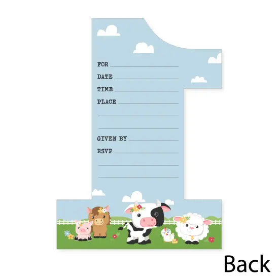 Big Dot of Happiness 1st Birthday Girl Farm Animals - Shaped Fill-In - Pink Barnyard First Birthday Party Invitation Cards with Envelopes - Set of 12 {6}