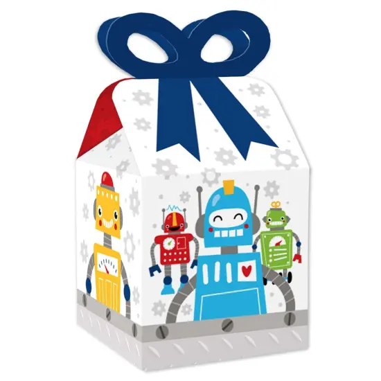 Big Dot of Happiness Gear Up Robots - Square Favor Gift Boxes -Birthday Party or Baby Shower Bow Boxes - Set of 12 {1}