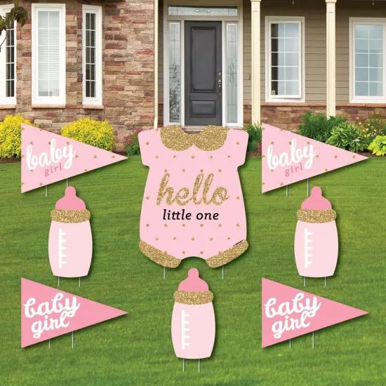 Big Dot of Happiness Hello Little One - Pink and Gold - Yard Sign & Outdoor Lawn Decorations - Girl Baby Shower Yard Signs - Set of 8 {1}