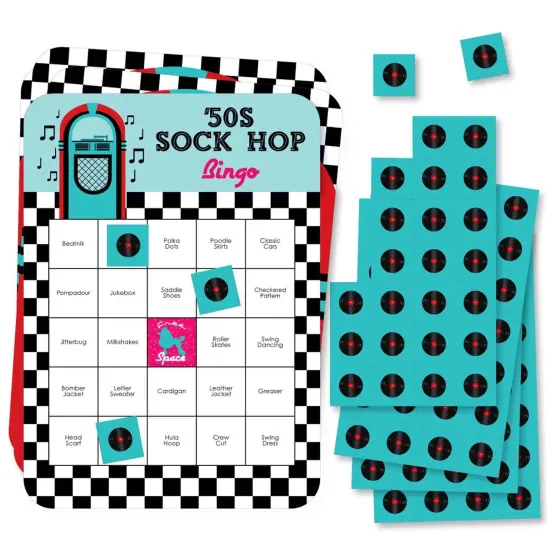 Big Dot of Happiness 50's Sock Hop - Bar Bingo Cards and Markers - 1950s Rock N Roll Party Bingo Game - Set of 18 {1}