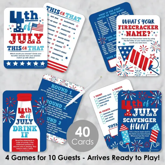 Big Dot of Happiness Firecracker 4th of July - 4 Red, White and Royal Blue Party Games - 10 Cards Each - Gamerific Bundle {3}