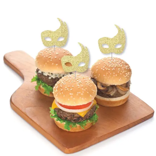 Big Dot of Happiness Gold Glitter Masks - No-Mess Real Glitter Dessert Cupcake Toppers - Mardi Gras Masquerade Party Clear Treat Picks - Set of 24 {4}