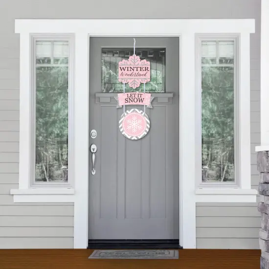 Big Dot of Happiness Pink Winter Wonderland - Hanging Porch Snowflake Birthday Party and Baby Shower Outdoor Decor - Front Door Decor - 3 Pc Sign {3}