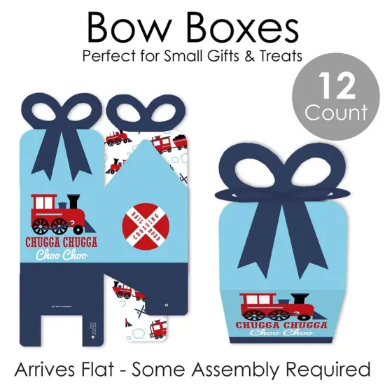 Big Dot of Happiness Railroad Party Crossing - Square Favor Gift Boxes - Steam Train Birthday Party or Baby Shower Bow Boxes - Set of 12 {7}