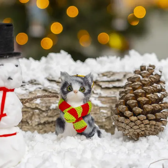 Ornativity Christmas Mini Cat Ornament - Furry Grey Kitten with Scarf Holiday Tree Hanging Decoration {4}
