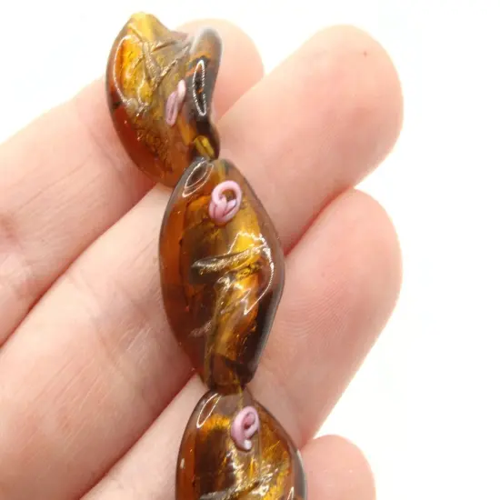 10 20mm Brown with Pink and Green Flower Lampwork Glass Flat Oval Twist Beads {4}