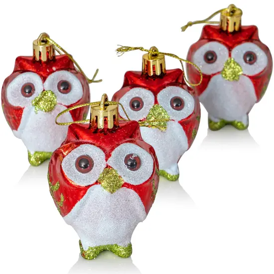 Ornativity Glitter Christmas Owl Ornaments - Snowy Glitter White and Red Animal Owls Christmas Tree Ornament Decorations - 4 Birds {1}