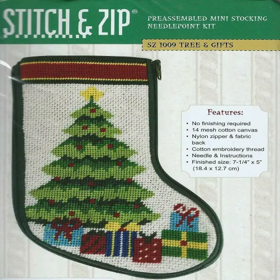 Stitch & Zip Christmas Tree & Presents Mini Stocking Needlepoint Kit Multicolor {1}