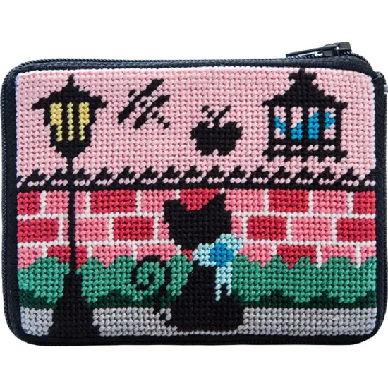 Kitty Kat Black Cat Needlepoint Coin Purse- Stitch & Zip Multicolor {1}